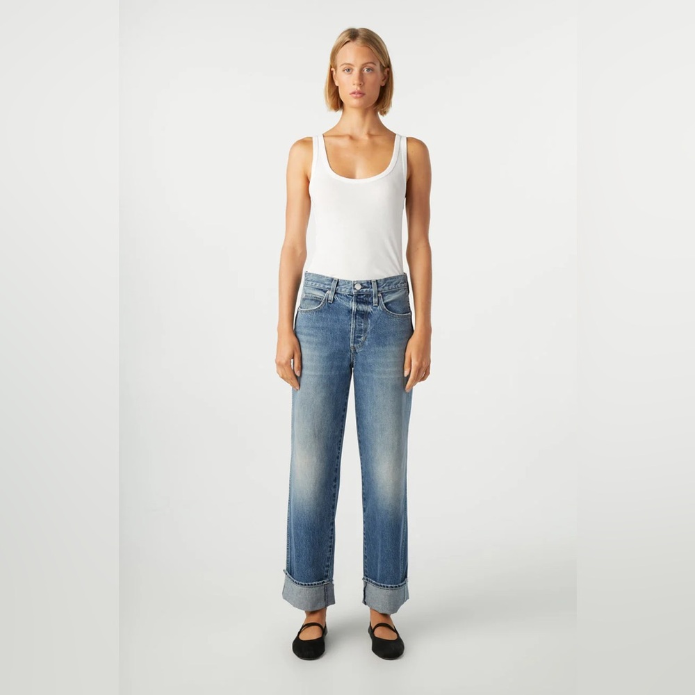 AMO Sonia Cuffed Jeans High Rise Straight Leg Button Fly Raw Hem Denim Size 24